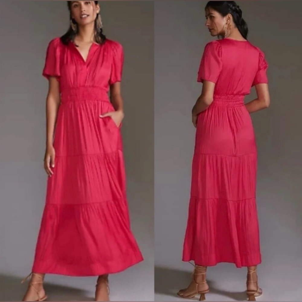 Anthropologie Somerset NWT Satin Maxi Dress Pink Tiered Smocked Waist Pockets xs